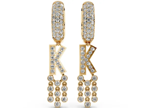 Round Diamond Initial K Huggie Hoop Earrings Yellow gold