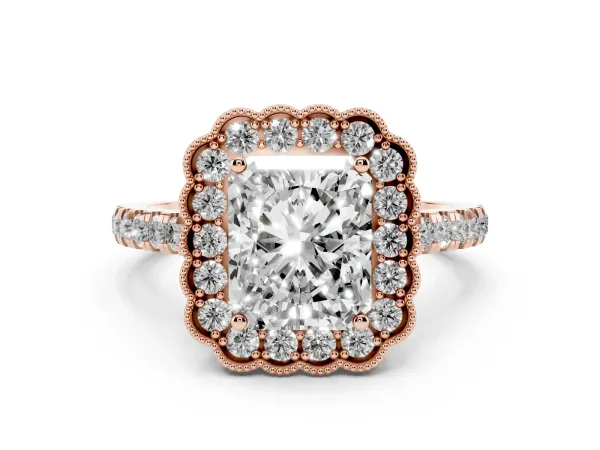 Radiant Cut Cut Diamond Milgrain Floral Halo Engagement Ring with Pavé Band Rose gold