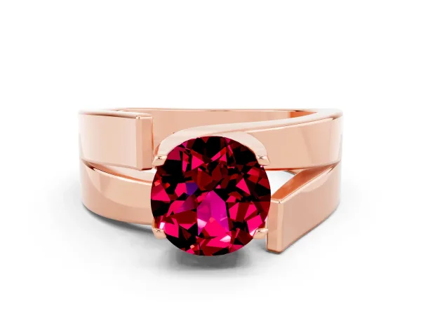 Modern Tension Set Round Cut Garnet Solitaire Wide Band Ring Rose gold
