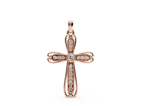 Pavé Round Diamond Cross Pendant with Bezel Setting Rose gold