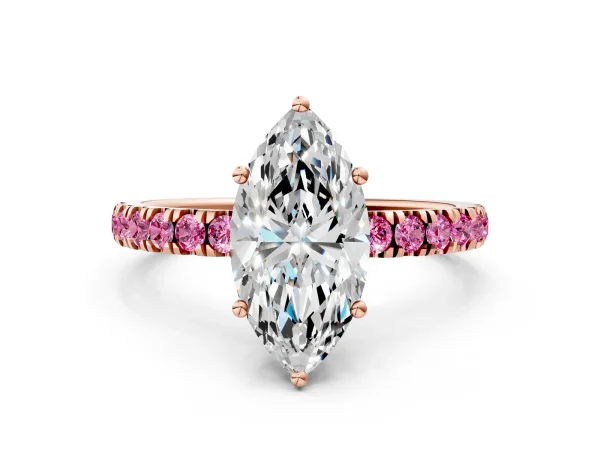 Marquise Cut Diamond Pave Band Solitaire Ring with Round Pink Sapphire and Prong Setting Rose gold