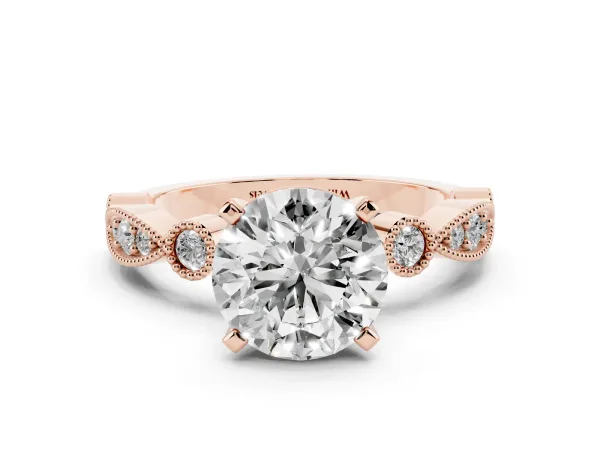 Round Cut Milgrain Bezel Diamond Engagement Ring with Solitaire Prong Setting Rose gold