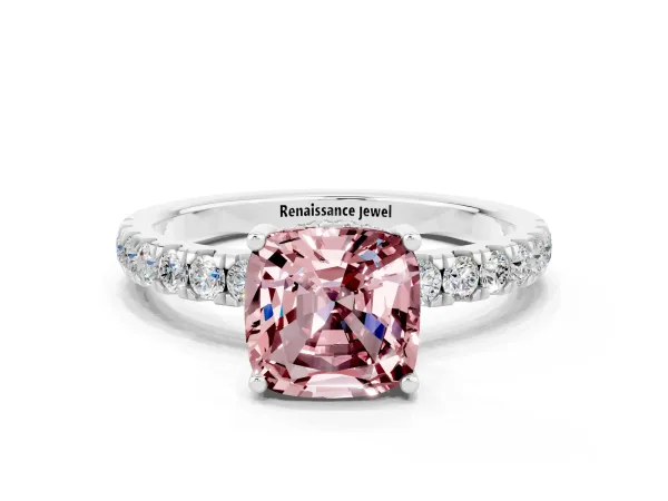 Cushion Cut Morganite Pave Band Solitaire Ring with Round and Prong Setting Platinum