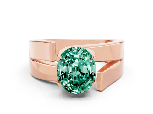 Modern Tension Set Oval Cut Green Sapphire Solitaire Wide Band Ring Rose gold