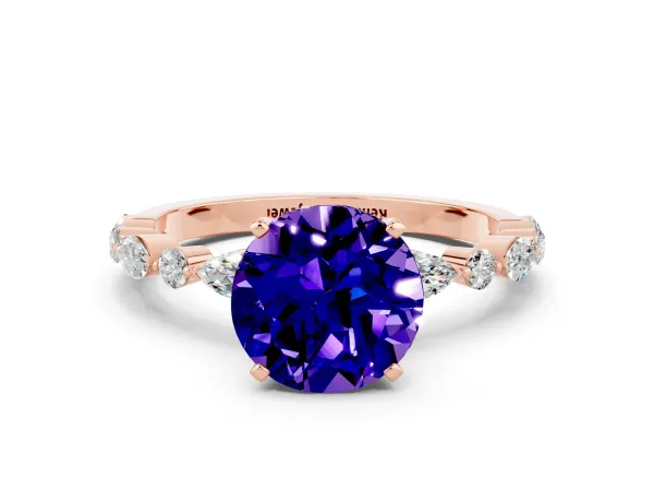 Round Cut Tanzanite Ring with Marquise and Round Side Stones and Four-Prong Setting Rose gold