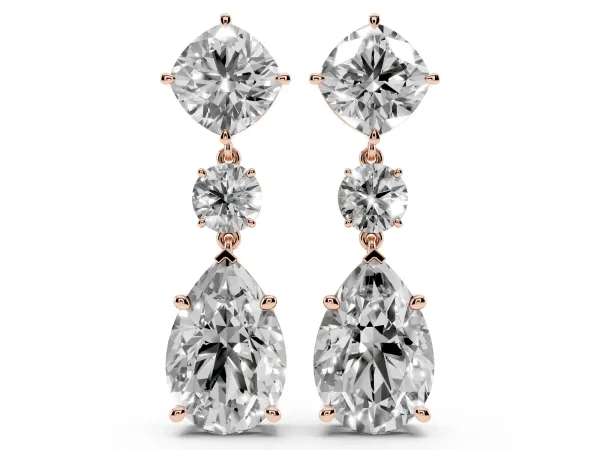Cushion, Round and Pear Diamond Three-Stone Drop Earrings Rose gold