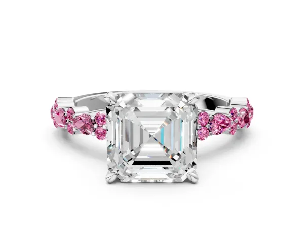 Asscher Cut Diamond Side Stone Solitaire Ring with Round Pink Sapphire and Four-Prong Setting Platinum