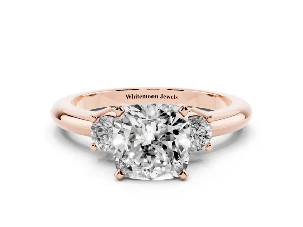 Three-Stone Cushion Cut Cut Diamond Solitaire with Prong Setting and Classic Band Rose gold