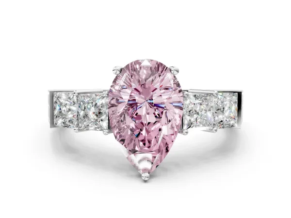 Fancy Pink Pear Cut Solitaire Princess Side Stone Engraved Band Prong Setting Ring Platinum