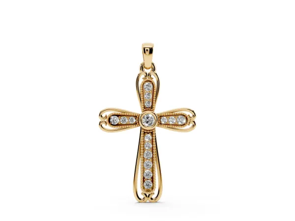 Pavé Round Diamond Cross Pendant with Bezel Setting Yellow gold