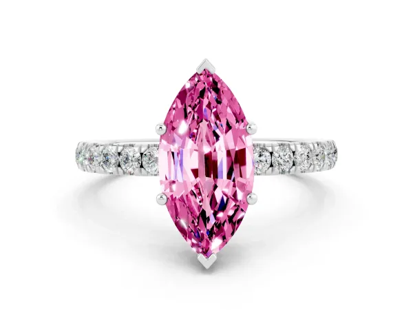 Marquise Cut Pink Sapphire Pave Band Solitaire Ring with Round and Prong Setting White gold
