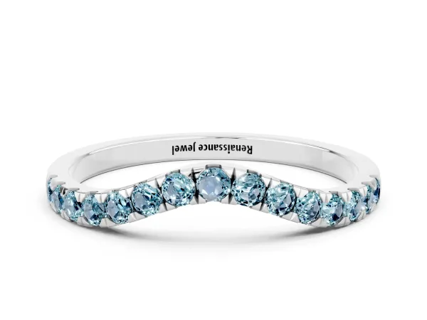 Curved Pavé Round Aquamarine Wedding Band with Shared Prong Setting Platinum