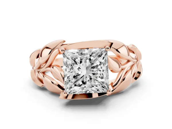 Princess Cut Diamond Leaf-Inspired Engagement Ring with Round Accents and Prong Setting Rose gold