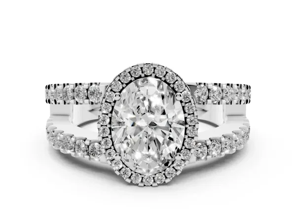 Oval Cut Cut Halo Split Shank Diamond Ring with Four-Prong Setting White gold