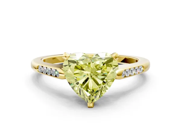 Fancy Yellow Heart Cut Diamond Solitaire Ring with Channel Set Round Band and Prong Setting Yellow gold
