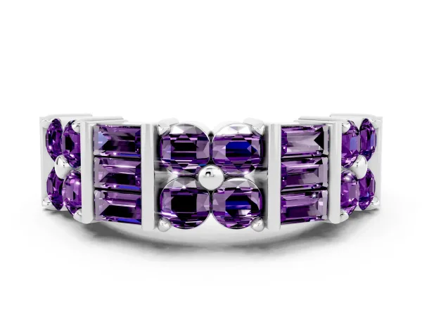 Channel Set Round and Baguette Amethyst Anniversary Band with Prong Setting Platinum
