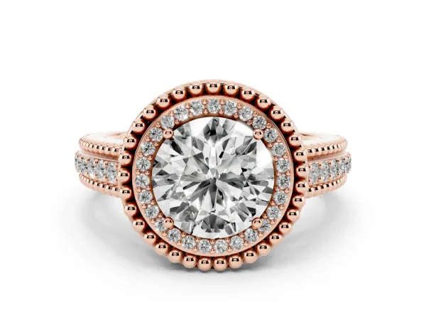 Round Cut Halo Diamond Ring with Beaded Split Shank and Four-Prong Setting Rose gold