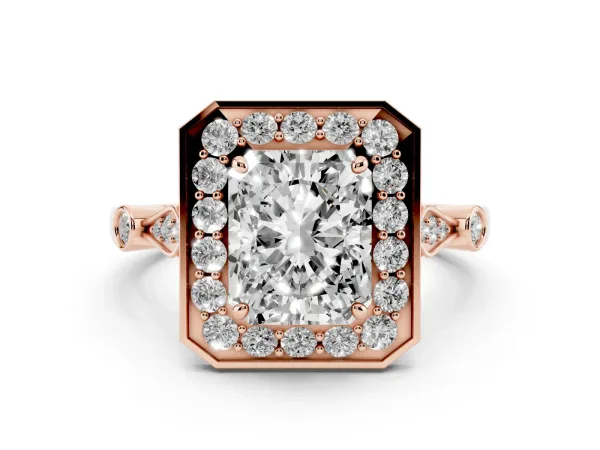 Radiant Cut Halo Diamond Engagement Ring with Twisted Band and Four-Prong Setting Rose gold