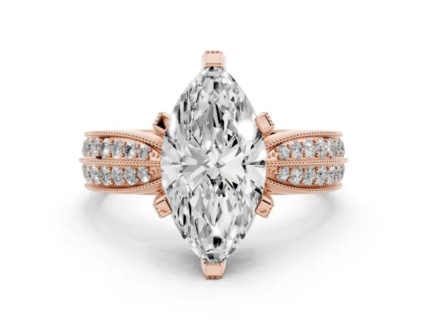 Marquise Cut Diamond Solitaire Ring with Milgrain Round Pavé Band and Prong Setting Rose gold