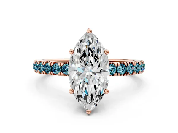 Marquise Cut Diamond Pave Band Solitaire Ring with Round Blue Topaz and Prong Setting Rose gold