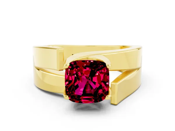 Modern Tension Set Cushion Cut Garnet Solitaire Wide Band Ring Yellow gold