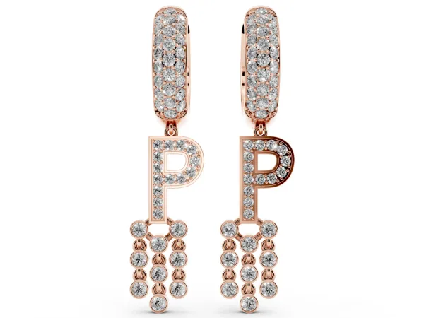 Round Diamond Initial P Huggie Hoop Earrings Rose gold