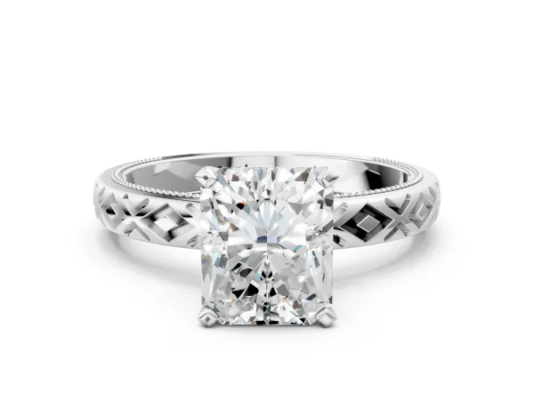Radiant Cut Solitaire Diamond Ring with Milgrain and Black Enamel X Pattern Band Platinum