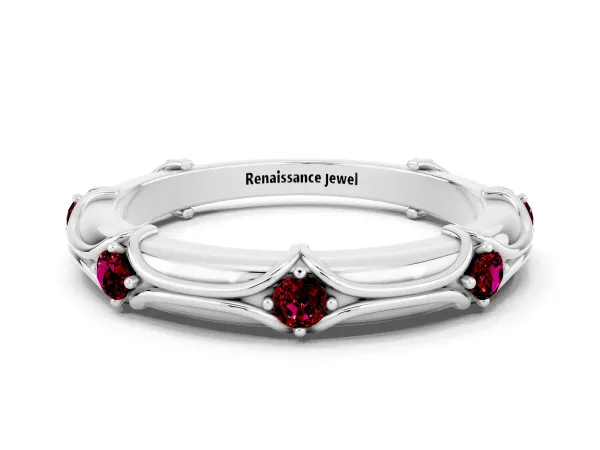 Round Garnet Prong Set Milgrain Eternity Band Platinum