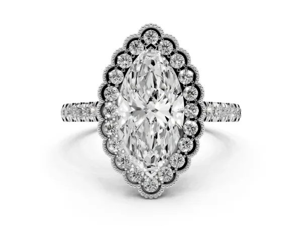 Marquise Cut Cut Diamond Milgrain Floral Halo Engagement Ring with Pavé Band Platinum