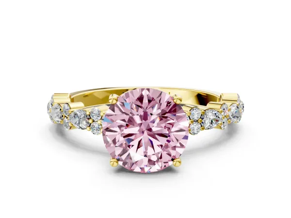 Fancy Pink Round Cut Diamond Side Stone Solitaire Ring with Round and Four-Prong Setting Yellow gold