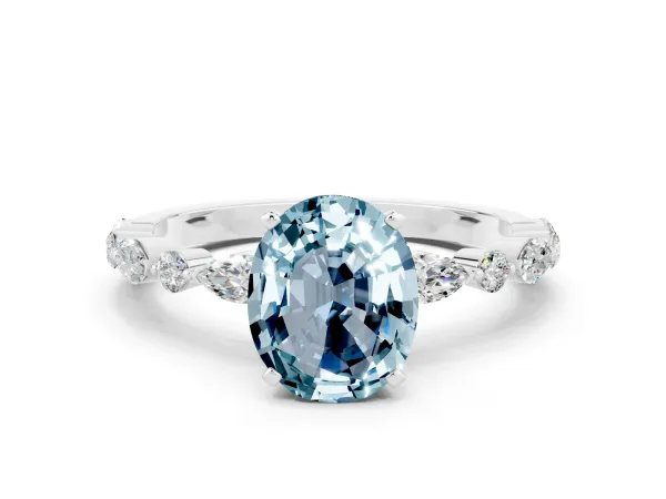 Oval Cut Aquamarine Ring with Marquise and Round Side Stones and Four-Prong Setting White gold