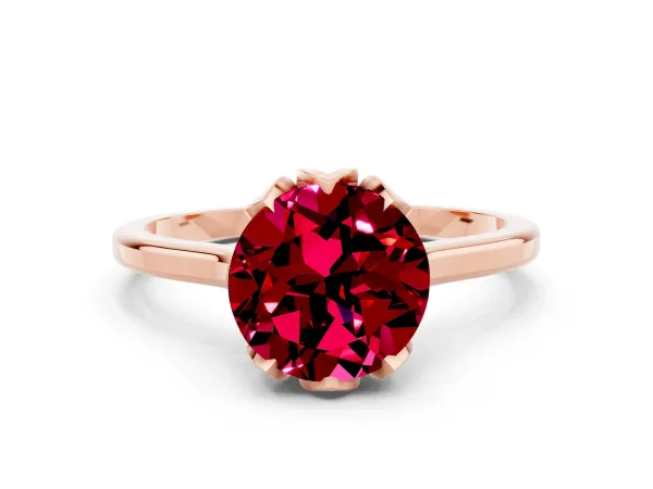 Round Cut Garnet Solitaire Ring with Flower Prong Setting and Classic Band Rose gold