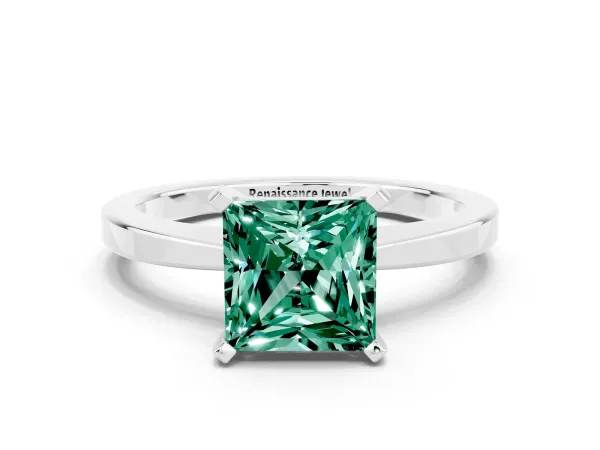 Princess Cut Green Sapphire Solitaire Engagement Ring with Classic Band and Four-Prong Setting Silver
