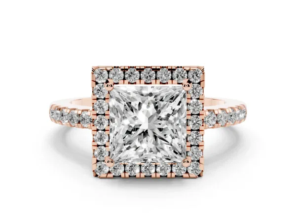 Princess Cut Halo Diamond Engagement Ring with Pavé Band and Four-Prong Setting Rose gold