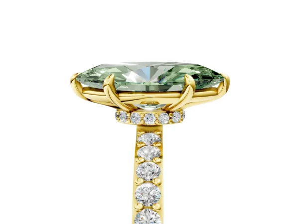 Fancy Green Marquise Cut Diamond Solitaire Engagement Ring with Pavé Band and Four-Prong Setting Yellow gold