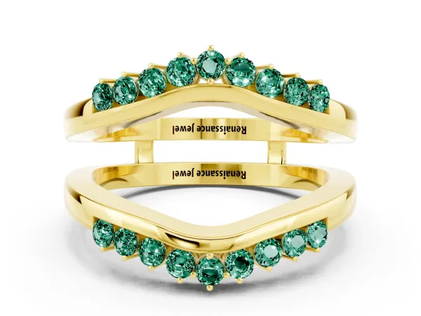 Round Green Sapphire Chevron Contour Band with Prong Setting Yellow gold