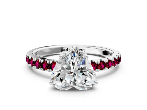 Heart Cut Diamond Pave Band Solitaire Ring with Round Garnet and Prong Setting Platinum