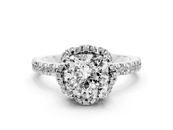 Cushion Cut Diamond Halo Pave Band with Four-Prong Setting Platinum