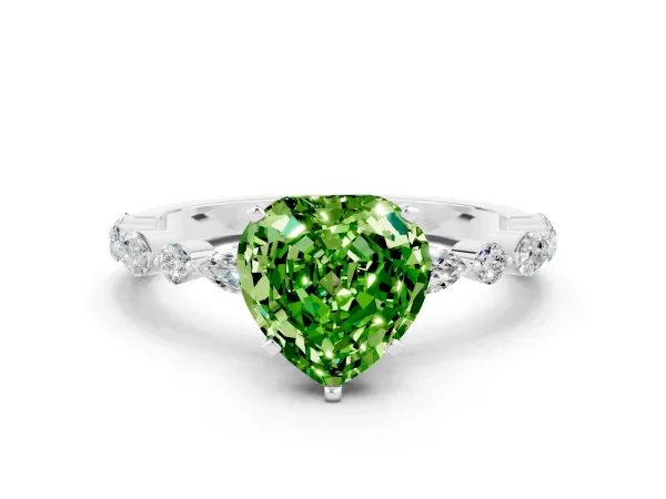Heart Cut Peridot Ring with Marquise and Round Side Stones and Four-Prong Setting Platinum