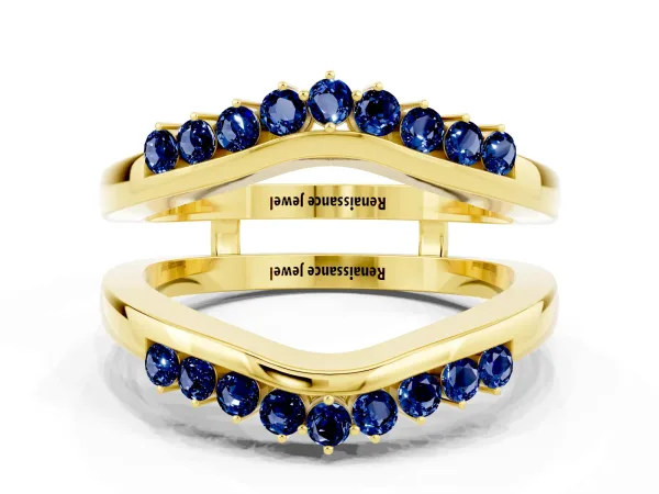 Round Blue Sapphire Chevron Contour Band with Prong Setting Yellow gold