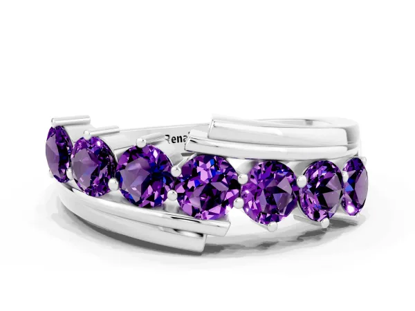 Round Amethyst Wave Band with Channel and Shared Prong Setting Platinum