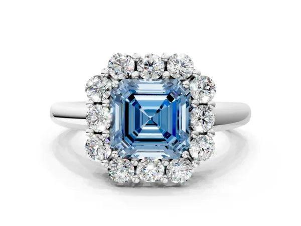 Fancy Blue Asscher Cut Halo Milgrain Solitaire with Bezel Set Side Stones and Pave Band Platinum