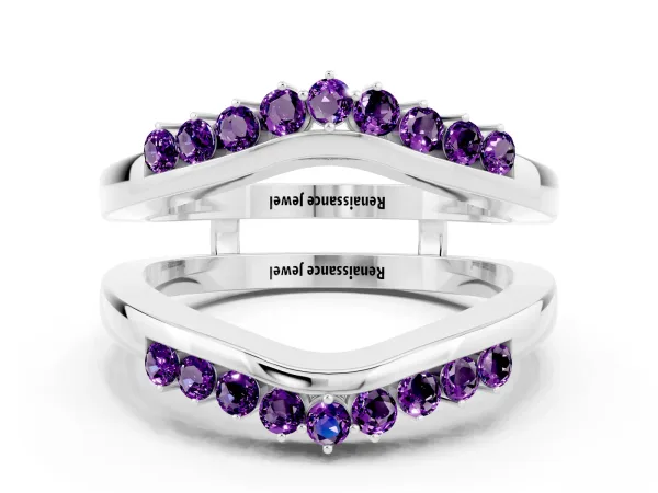 Round Amethyst Chevron Contour Band with Prong Setting Platinum