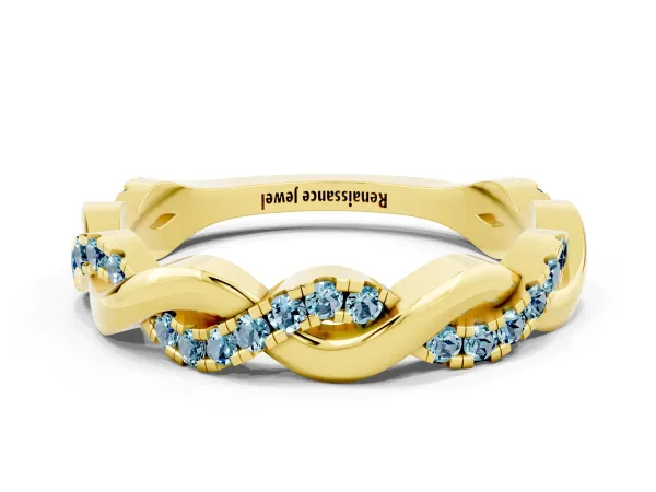 Pavé Round Aquamarine Twist Eternity Band with Shared Prong Setting Yellow gold