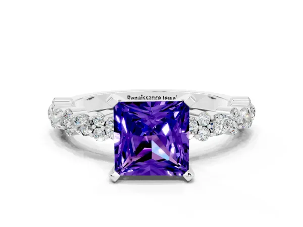 Princess Cut Tanzanite Side Stone Solitaire Ring with Round and Four-Prong Setting Platinum