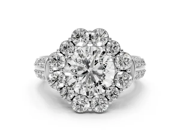 Round Cut Halo Diamond Engagement Ring with Split Shank and Prong Setting White gold