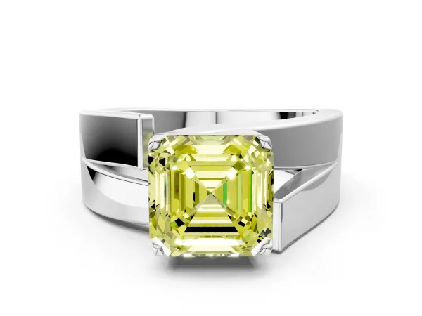 Fancy Yellow Modern Tension Set Asscher Cut Diamond Solitaire Wide Band Ring Silver