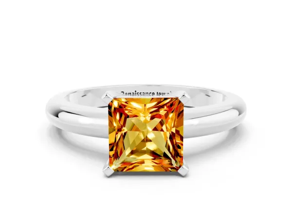 Princess Cut Citrine Solitaire Engagement Ring with Round Band and Four-Prong Setting Silver