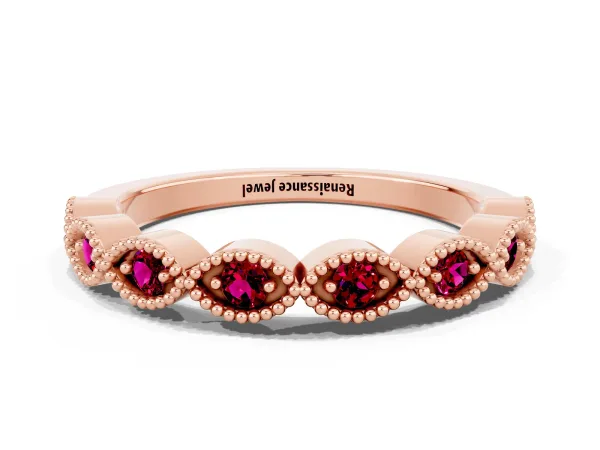 Milgrain Marquise Garnet Half Eternity Band with Bezel Setting Rose gold