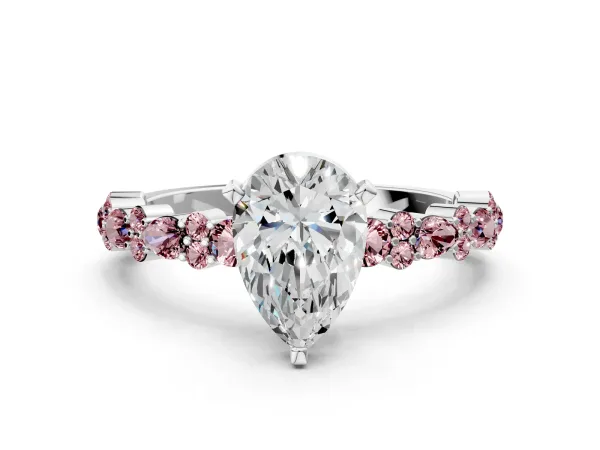 Pear Cut Diamond Side Stone Solitaire Ring with Round Morganite and Four-Prong Setting White gold